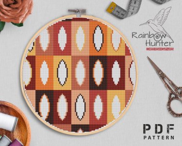 Boho leaves cross stitch pattern, Mid century cross stitch PDF, Terracotta cross stitch, Counted cross stitch chart