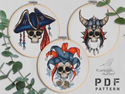 Skull cross stitch pattern PDF, Creepy Cute cross stitch, Scary cross stitch, Pirate, Viking, Joker skull, Counted cross stitch chart