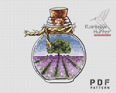 Lavender field cross stitch, Bottle cross stitch, Provence cross stitch pattern PDF, France cross stitch, Counted cross stitch chart