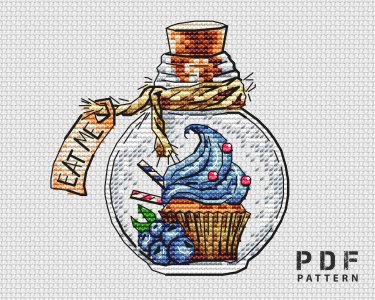 Alice in Wonderland cross stitch, Bottle cross stitch pattern PDF, Berry cake cross stitch pattern, Eat me, Counted cross stitch chart