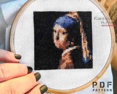 Masterpiece tiny cross stitch pattern Girl with a Pearl Earring, Jan Vermeer mini painting cross stitch, Mini art, Miniature embroidery