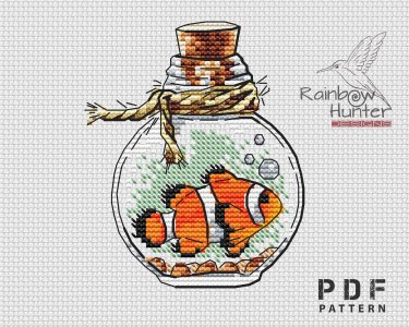 Clown fish cross stitch, Bottle cross stitch, Sea cross stitch pattern PDF, Mini cross stitch, Counted cross stitch chart, Underwater