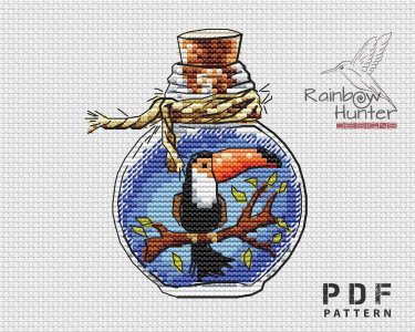 Toucan cross stitch, Bottle cross stitch, Bird cross stitch pattern PDF, Mini cross stitch, Counted cross stitch chart, Tropical xstitch