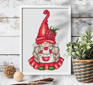 Crimson gnome cross stitch, Raspberry gnome girl cross stitch, Summer gnome cross stitch pattern, Digital PDF, Counted cross stitch chart