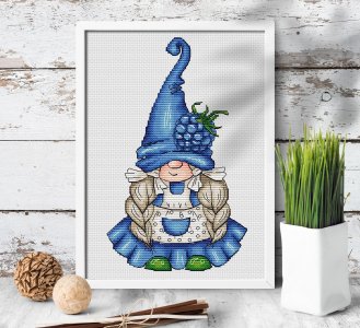 Berry gnome cross stitch, Blue gnome girl, Blackberry gnome cross stitch pattern, Summer gnome xstitch, Counted cross stitch chart