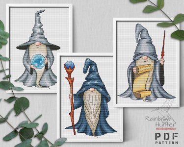Gnome wizard cross stitch, Gnome cross stitch set of 3, Magician cross stitch pattern PDF, Counted cross stitch chart, Gnome mage, Warlock