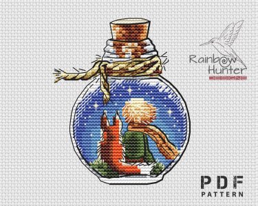 The Little Prince and the Fox cross stitch, Bottle cross stitch pattern PDF, Cute cross stitch, Counted cross stitch chart