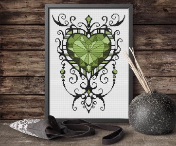 Emerald heart cross stitch, Gothic cross stitch, Valentines cross stitch pattern, Counted cross stitch chart, Green heart, Digital PDF