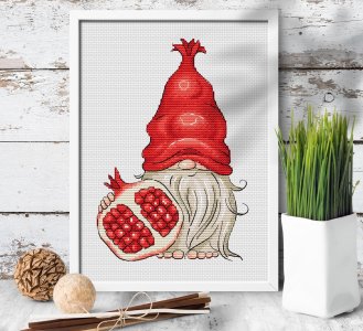 Gnome cross stitch pattern PDF, Pomegranate cross stitch, Garnet gnome cross stitch, Fruit gnome, Counted cross stitch chart, Cute gnome
