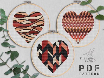 Boho heart cross stitch pattern, Valentines cross stitch bundle, Easy cross stitch, Love cross stitch, Mid century cross stitch