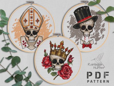 Skull cross stitch, Victorian cross stitch pattern PDF, Creepy Cute cross stitch, Vampire, Skull and rose, Counted cross stitch chart