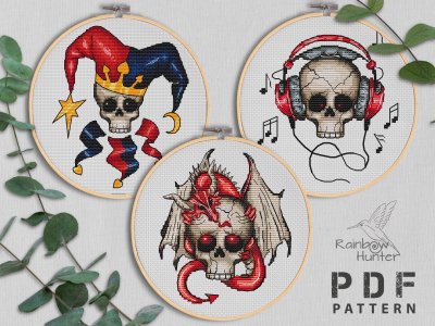 Funny Skull, cross stitch pattern, Creepy Cute cross stitch, Scary cross stitch, Dragon, Music lover, Joker skull, Cross stitch chart