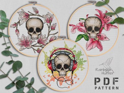 Skull cross stitch, Creepy Cute cross stitch, Scary cross stitch, Floral skull, Music lover, Counted Cross stitch chart