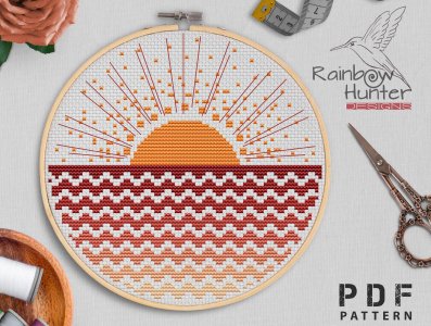 Boho Sun cross stitch, Modern cross stitch pattern PDF, Sunrise abstract cross stitch, Boho waves cross stitch chart