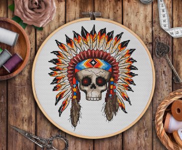 Shaman skull cross stitch, Wild west cross stitch, Creepy Cute cross stitch pattern PDF, Scary cross stitch, Counted Cross stitch chart
