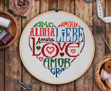 Colorful heart cross stitch PDF, Love cross stitch, Lettering Love Cross Stitch, Valentines cross stitch pattern, Easy cross stitch chart