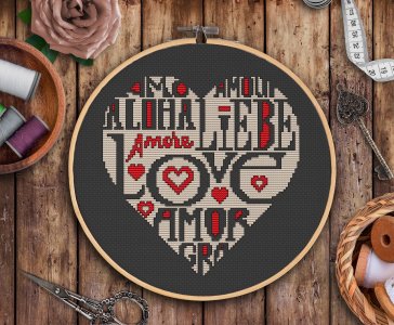Graffiti heart cross stitch, Valentines cross stitch pattern, Love cross stitch, Embroidered heart, Easy cross stitch chart Black background