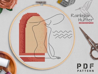 Female Line cross stitch, Beach cross stitch chart, Contemporary cross stitch pattern, Modern arch cross stitch PDF, Mid century