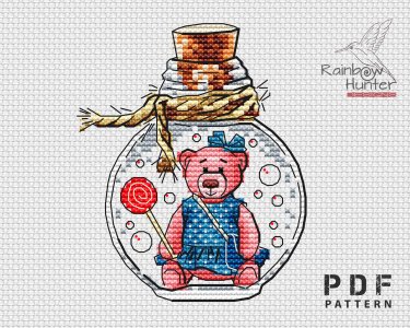 Cute toy bear cross stitch pattern PDF, Bottle cross stitch, Small cross stitch, Kids room xstitch, Cute embroidery, Mini cross stitch chart