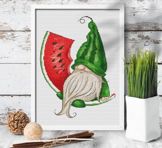 Watermelon cross stitch pattern, Gnome cross stitch PDF, Summer gnome cross stitch, Fruit gnome, Counted cross stitch chart