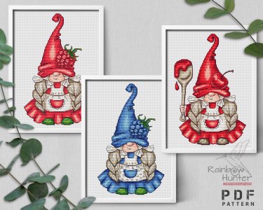 Gnome girl cross stitch pattern, Gnome cross stitch set of 3, Berry cross stitch, Summer gnome xstitch, Counted cross stitch chart, Cute