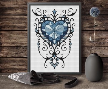 Blue heart cross stitch, Gothic cross stitch, Valentines cross stitch pattern, Counted cross stitch chart, Digital PDF