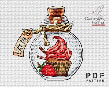 Eat me cross stitch, Alice in Wonderland cross stitch, Bottle cross stitch pattern PDF, Berry cake xstitch, Counted cross stitch chart