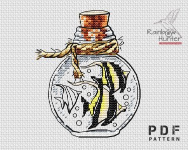 Moorish idol fish cross stitch, Bottle cross stitch, Sea cross stitch pattern PDF, Mini cross stitch, Counted cross stitch chart, Underwater