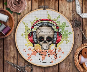 Music lover cross stitch, Skull cross stitch, Headphones, Funny cross stitch, pattern PDF, Counted cross stitch chart