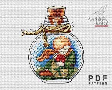 The Little Prince cross stitch, Bottle cross stitch pattern PDF, Cute cross stitch, Rose in a bottle, Counted cross stitch chart