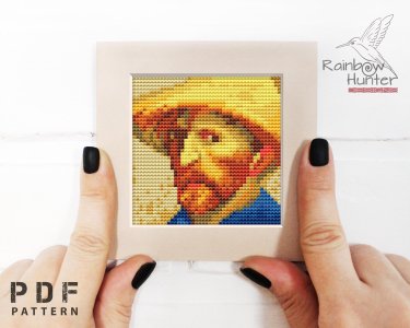 Tiny portrait cross stitch, Van Gogh self portrait in hat, Mini art cross stitch pattern PDF, Easy cross stitch, Counted cross stitch chart