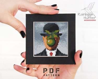 Cross Stitch miniature pattern PDF, Son of Man, Mini art Rene Magritte cross stitch, Masterpiece tiny, Miniature embroidery