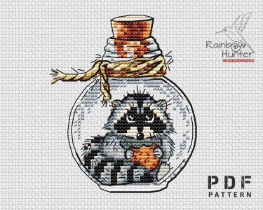 Raccoon cross stitch, Cute cross stitch, Bottle cross stitch pattern PDF, Cute animal, Miniature cross stitch chart, Kids room xstitch