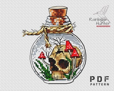 Witch cross stitch, Skull cross stitch, Bottle cross stitch pattern PDF, Mushrooms in a bottle, Counted cross stitch chart, Halloween
