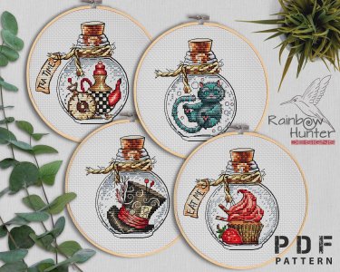 Alice in Wonderland cross stitch, Bottle cross stitch, Set of 4 cross stitch pattern PDF, Wonderland xstitch, Counted cross stitch chart