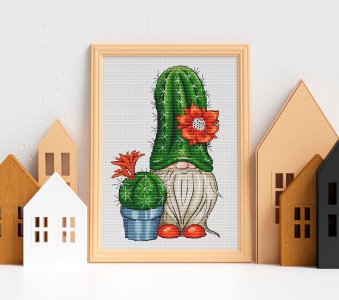 Gnome cross stitch Cactus cross stitch Cute cross stitch pattern PDF Blooming cactus Counted cross stitch chart