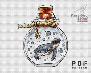 Turtle cross stitch, Bottle cross stitch, Sea cross stitch pattern PDF, Mini cross stitch, Counted cross stitch chart