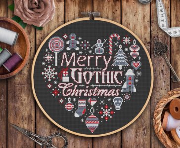 Christmas sampler cross stitch pattern PDF, Gothic cross stitch, Christmas Heart, Counted cross stitch chart, Black background, Xmas
