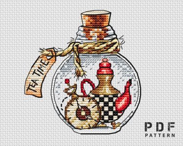 Tea Time cross stitch, Alice in Wonderland cross stitch, Bottle cross stitch pattern PDF, Crazy tea party xstitch, Counted cross stitch