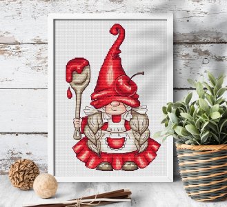 Red gnome girl cross stitch pattern, Cherry gnome cross stitch, Summer gnome cross stitch, Digital PDF, Cute gnome cross stitch chart, Berry