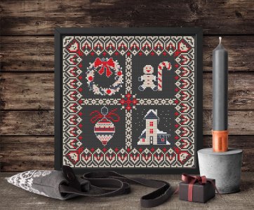 Christmas dark sampler cross stitch pattern PDF Gothic cross stitch Square Christmas Collage cross stitch chart Black background Xmas