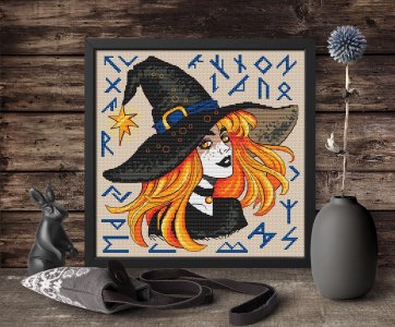 Witch with runes cross stitch pattern Witchcraft cross stitch Black Magic cross stitch Sorceress Cute Witch Counted Cross stitch chart