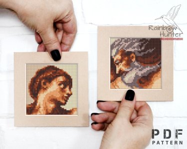 Mini Painting cross stitch pattern set of 2 The Creation of Adam by Michelangelo Miniature embroidery Masterpiece cross stitch tiny art