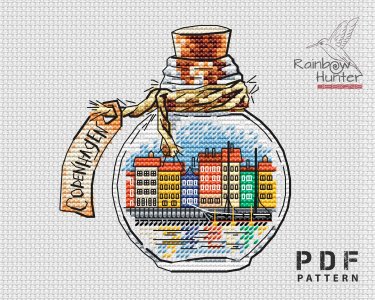 Copenhagen cross stitch Colored houses cross stitch pattern PDF Bottle cross stitch Capitals of the world Counted cross stitch chart Denmark